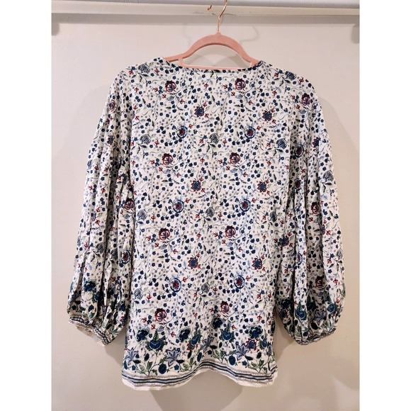 MAXSTUDIO Floral Blouse Tie Waist‎ Balloon Sleeve V Neck Boho Rayon Top - Picture 7 of 10